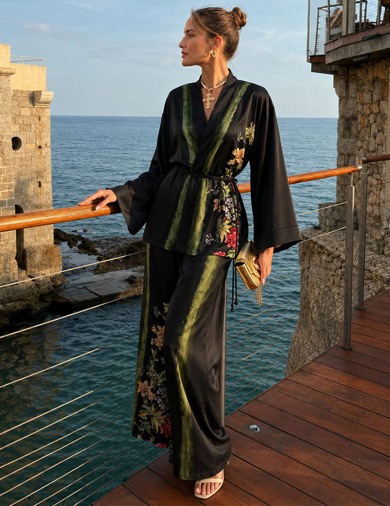Wrap Front Floral Print Kimono Two-Piece Pajama Set - Black