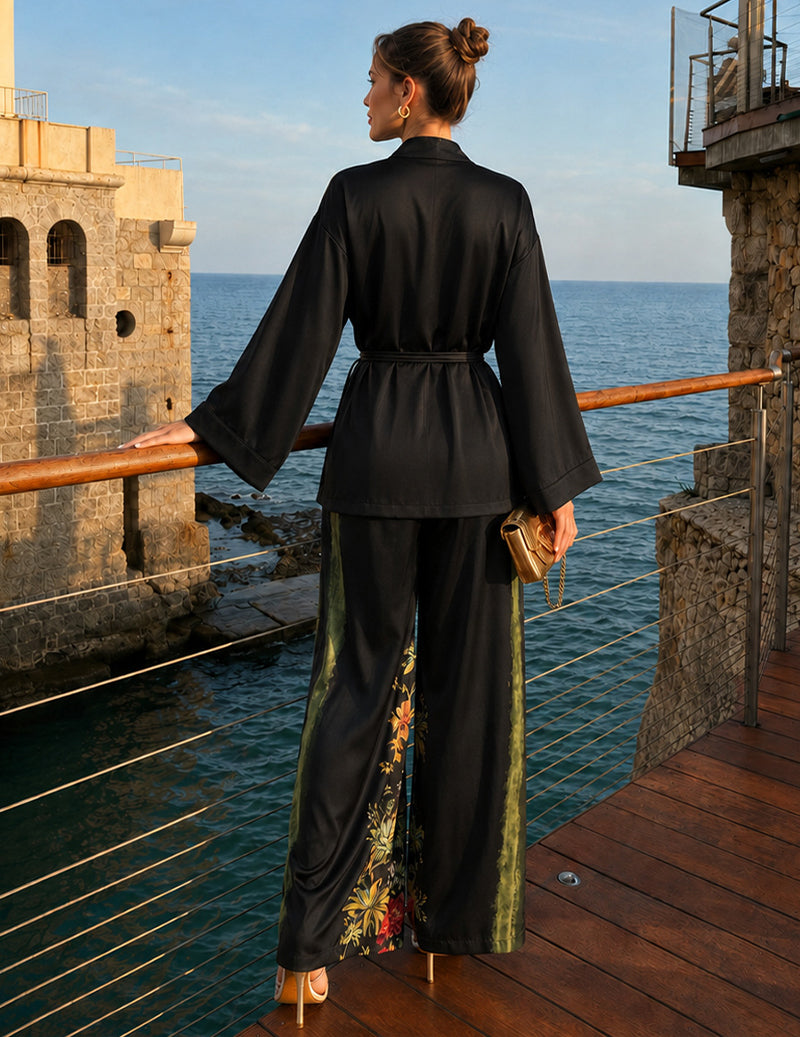 Wrap Front Floral Print Kimono Two-Piece Pajama Set - Black