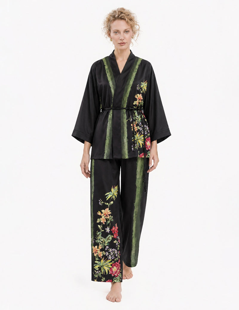 Wrap Front Floral Print Kimono Two-Piece Pajama Set - Black