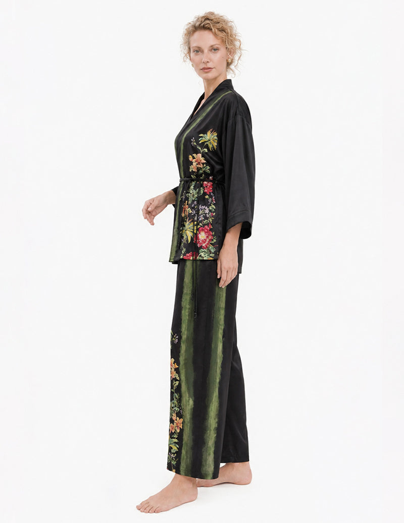 Wrap Front Floral Print Kimono Two-Piece Pajama Set - Black