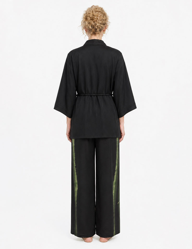 Wrap Front Floral Print Kimono Two-Piece Pajama Set - Black