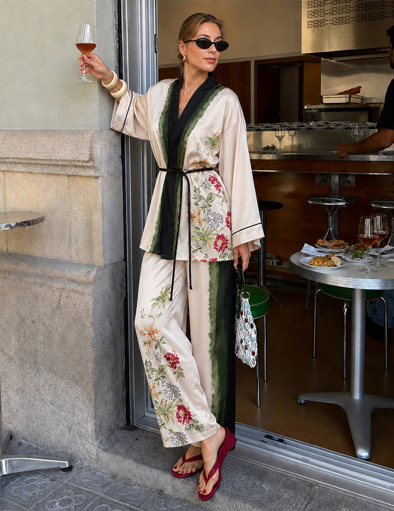 Wrap Front Floral Print Kimono Two-Piece Pajama Set - Beige White