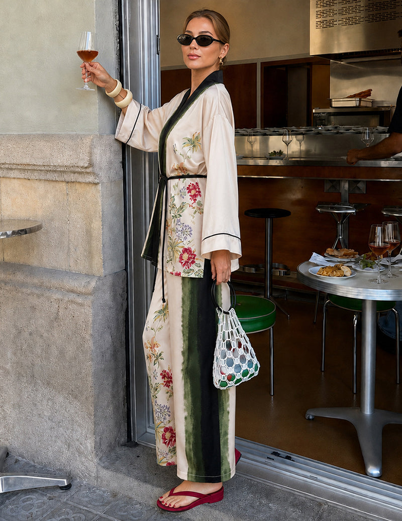 Wrap Front Floral Print Kimono Two-Piece Pajama Set - Beige White