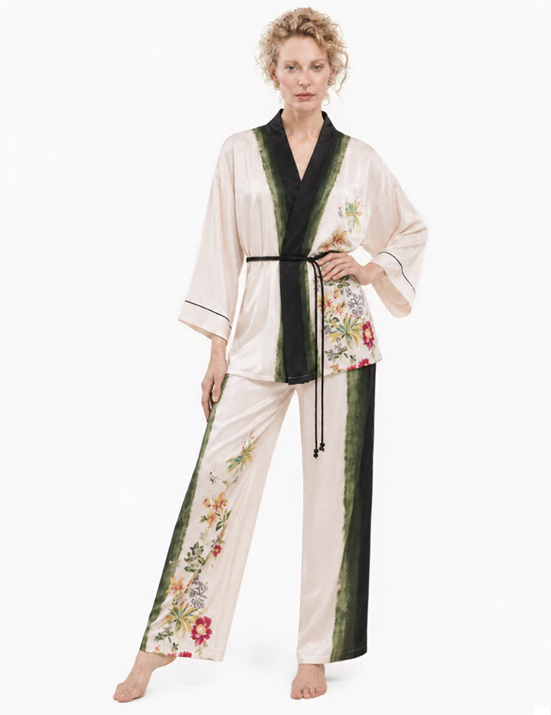 Wrap Front Floral Print Kimono Two-Piece Pajama Set - Beige White