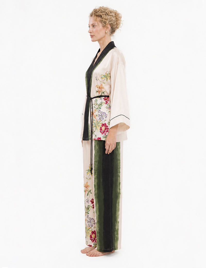 Wrap Front Floral Print Kimono Two-Piece Pajama Set - Beige White