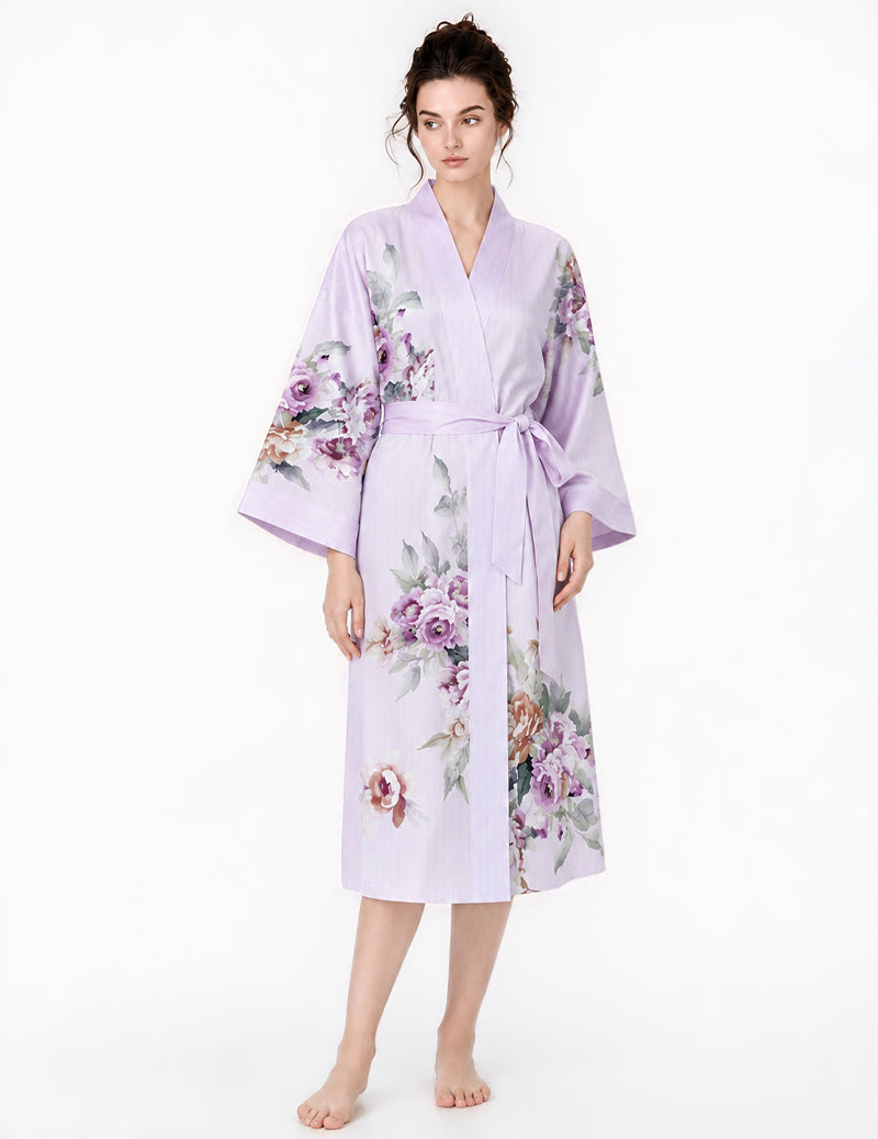 Floral Print Wrap Tie Front Kimono Robe - Purple Floral