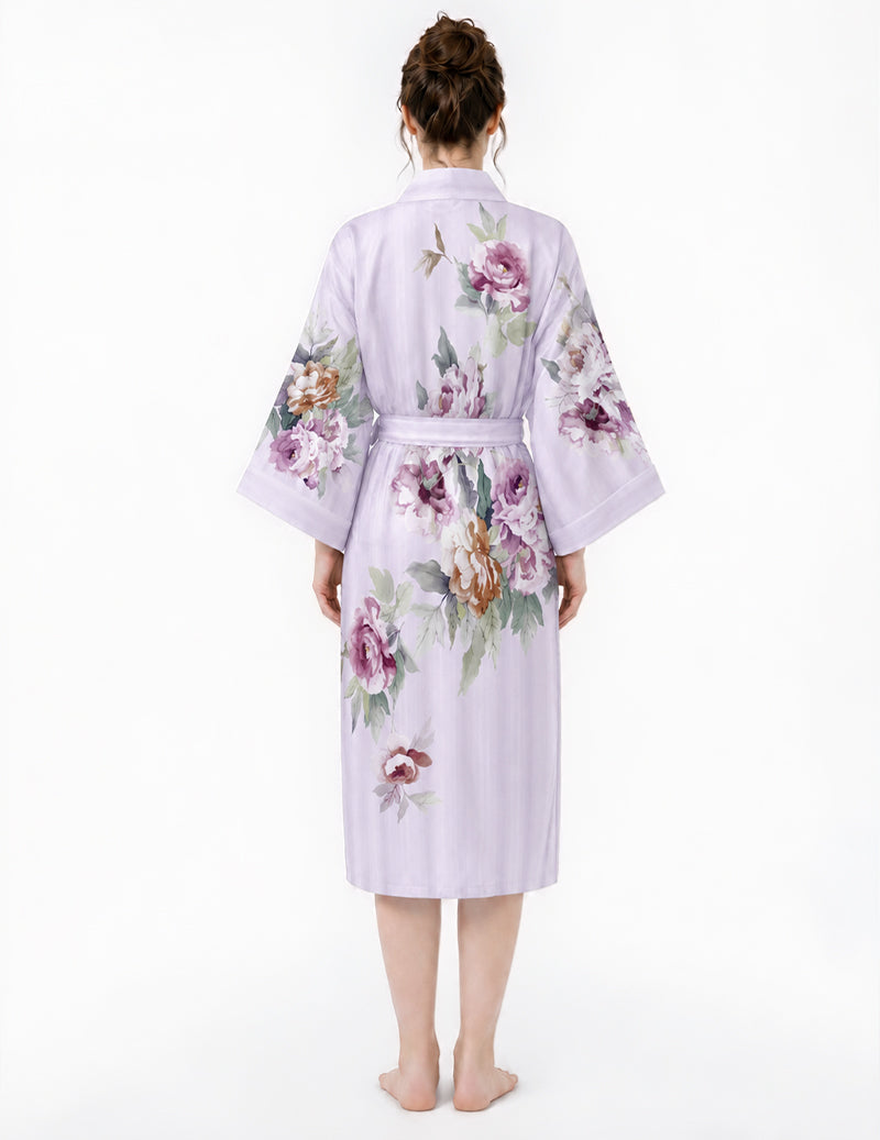 Floral Print Wrap Tie Front Kimono Robe - Purple Floral
