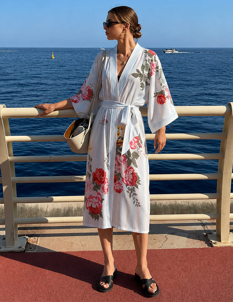 Floral Print Wrap Tie Front Kimono Robe - Blue Floral