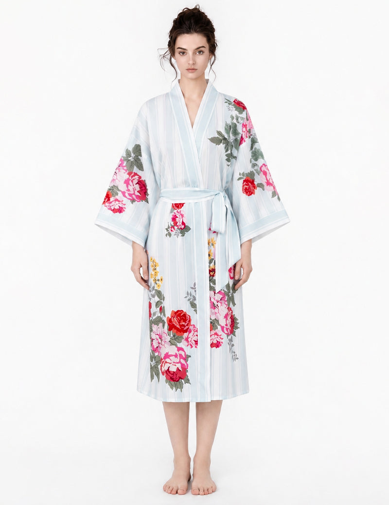 Floral Print Wrap Tie Front Kimono Robe - Blue Floral