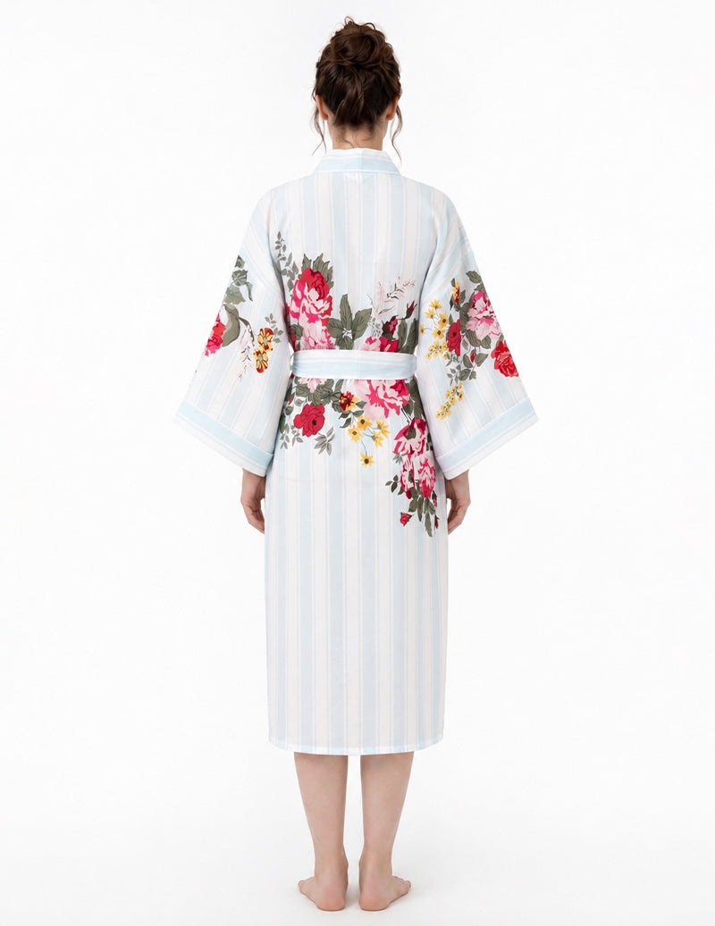 Floral Print Wrap Tie Front Kimono Robe - Blue Floral