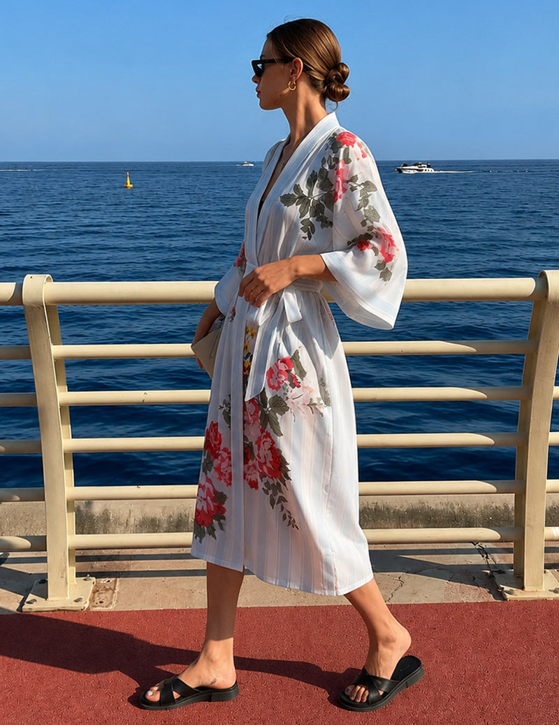 Floral Print Wrap Tie Front Kimono Robe - Blue Floral