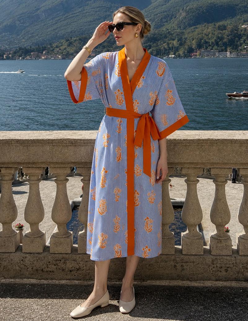 Floral Print Wrap Tie Front Kimono Robe - Blue Orange Floral