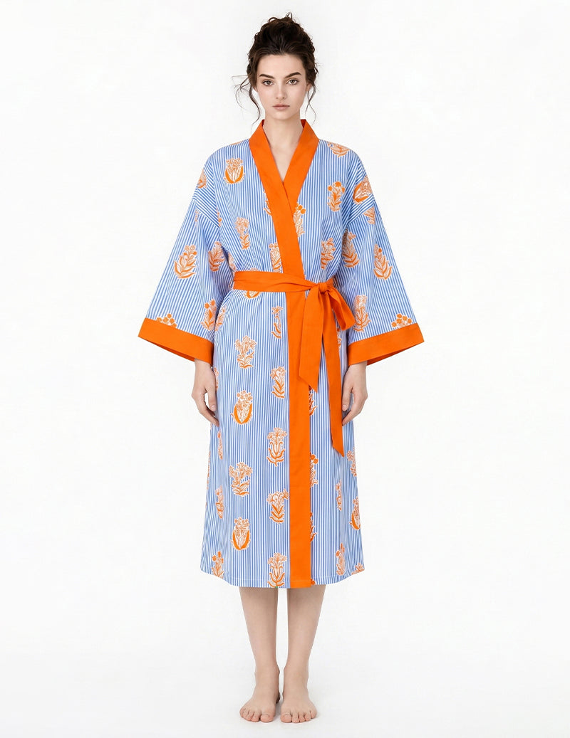 Floral Print Wrap Tie Front Kimono Robe - Blue Orange Floral
