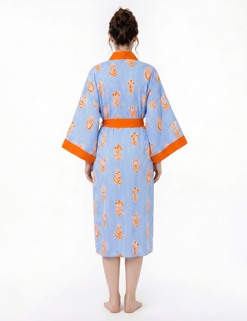 Floral Print Wrap Tie Front Kimono Robe - Blue Orange Floral