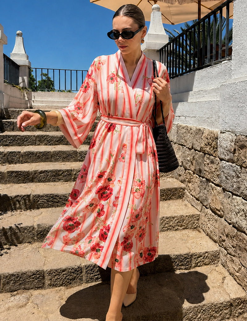 Floral Print Wrap Tie Front Kimono Robe - Pink Floral