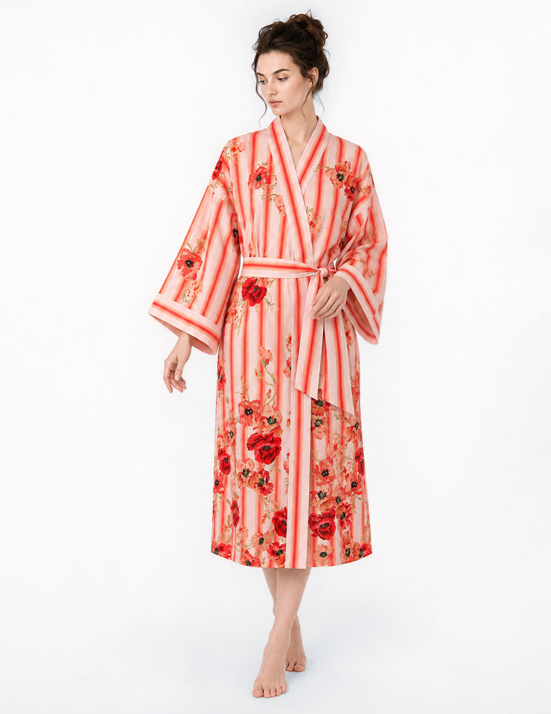 Floral Print Wrap Tie Front Kimono Robe - Pink Floral