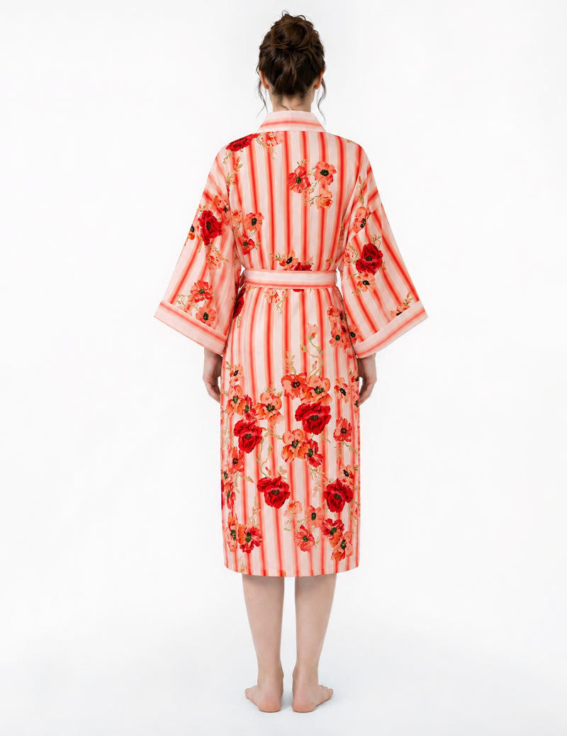 Floral Print Wrap Tie Front Kimono Robe - Pink Floral