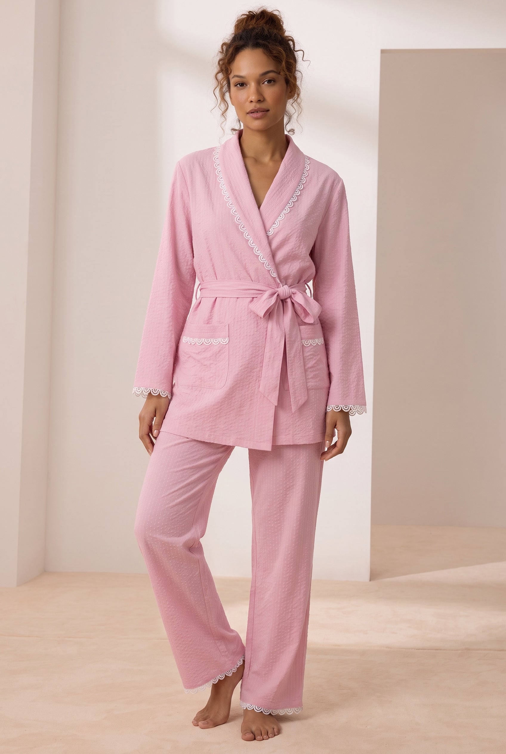 Pink lace-trim wrap front loungewear set with matching pants