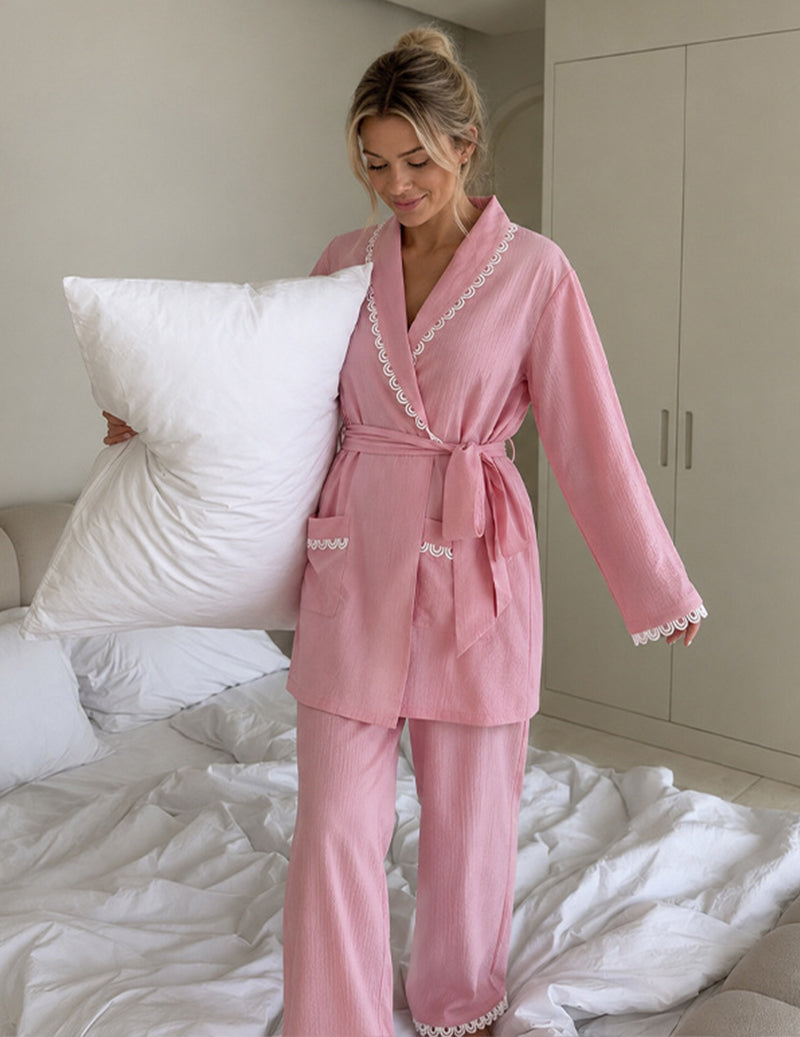 Lace Trim Wrap Front Two-Piece Loungewear Set - Pink