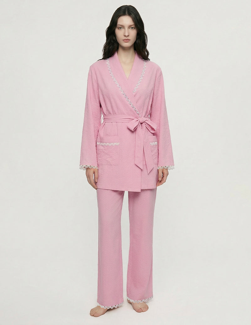 Lace Trim Wrap Front Two-Piece Loungewear Set - Pink