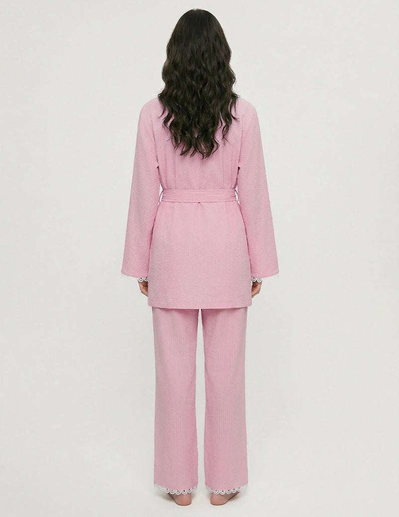 Lace Trim Wrap Front Two-Piece Loungewear Set - Pink