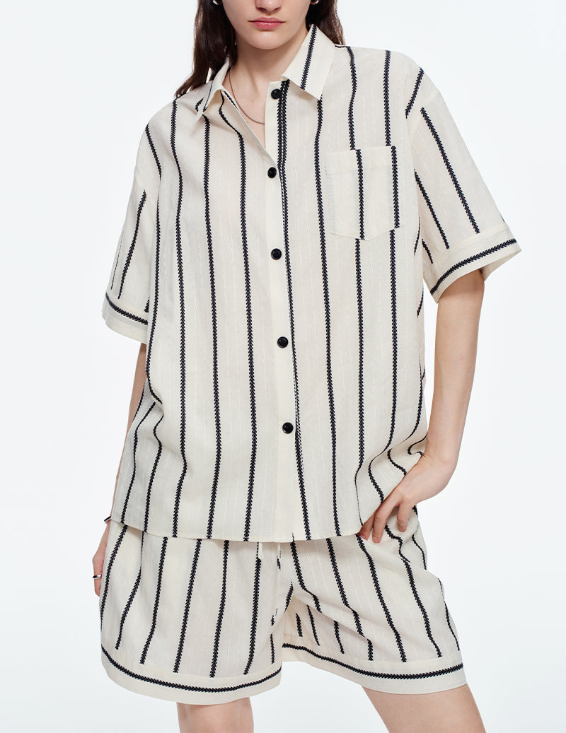 Striped Notch Collar Short Sleeve Pajama Set - Black White Stripe