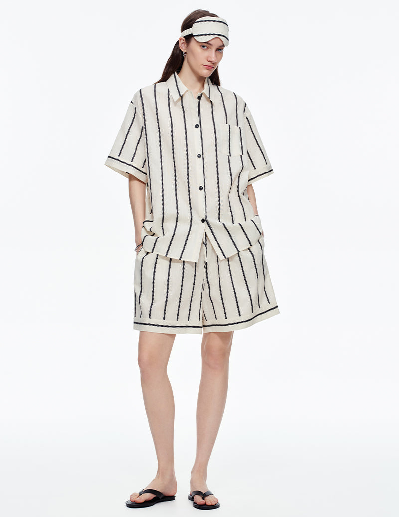 Striped Notch Collar Short Sleeve Pajama Set - Black White Stripe