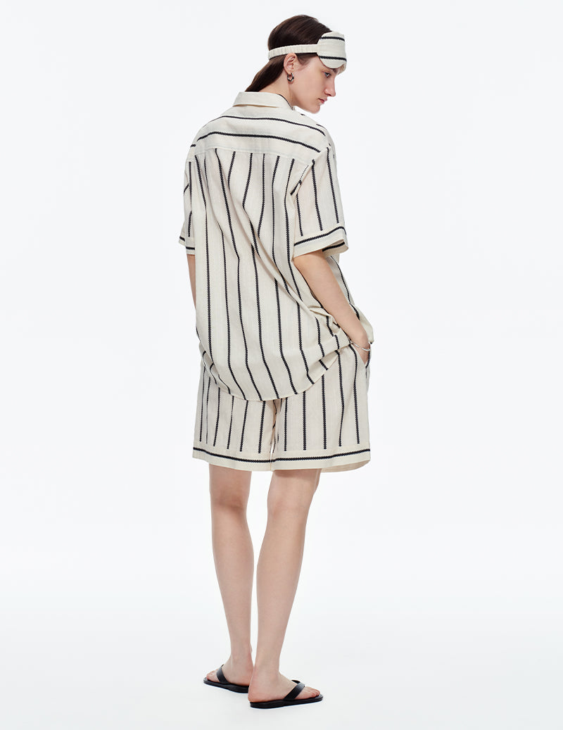 Striped Notch Collar Short Sleeve Pajama Set - Black White Stripe
