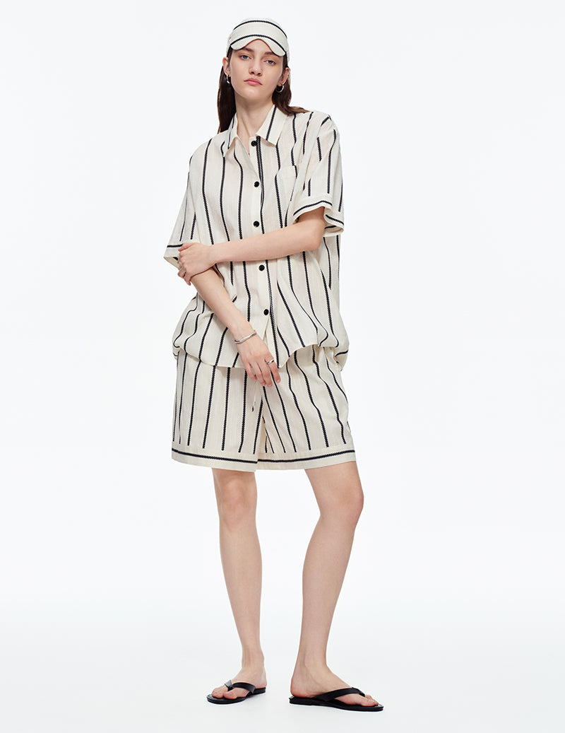 Striped Notch Collar Short Sleeve Pajama Set - Black White Stripe