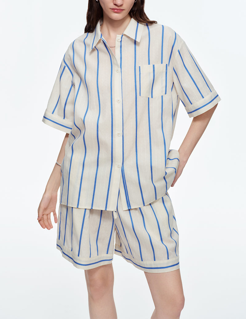 Striped Notch Collar Short Sleeve Pajama Set - Blue White Stripe