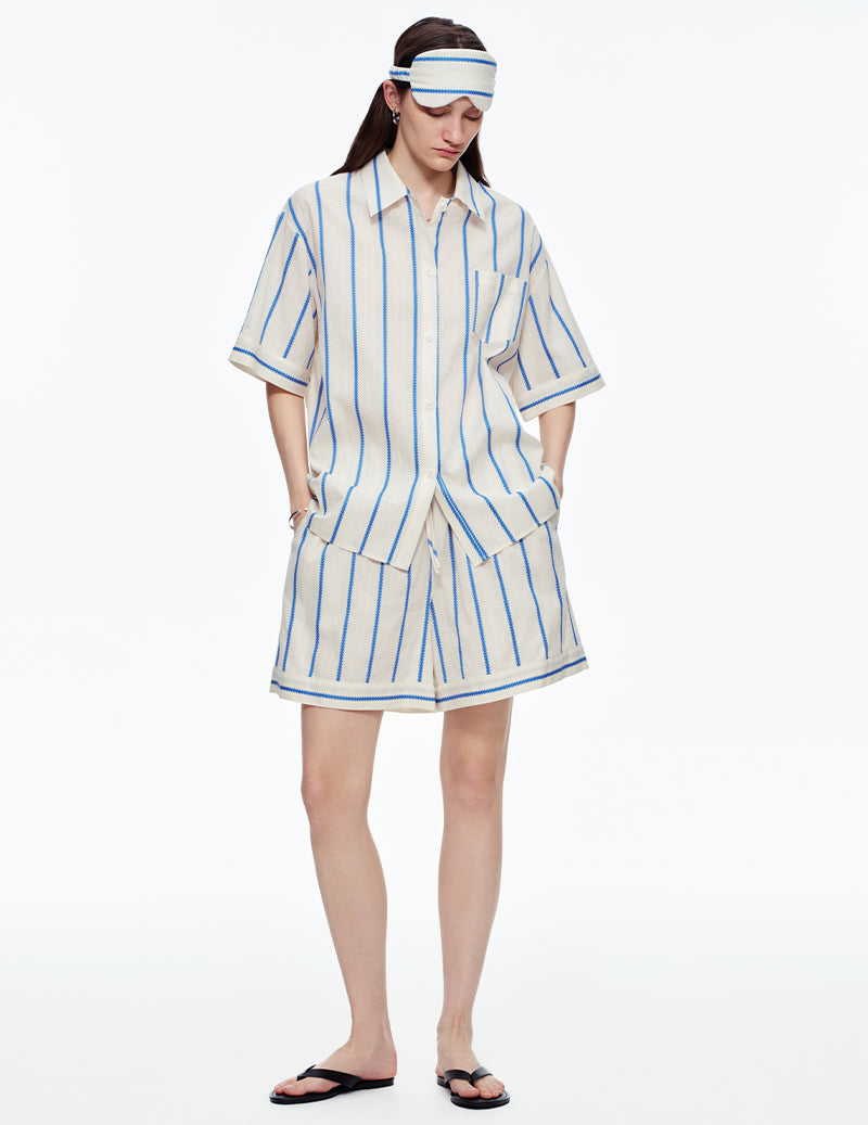 Striped Notch Collar Short Sleeve Pajama Set - Blue White Stripe