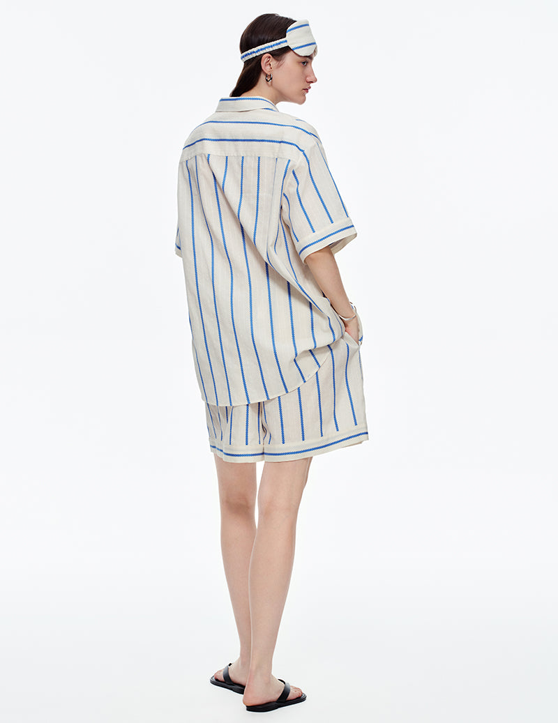 Striped Notch Collar Short Sleeve Pajama Set - Blue White Stripe