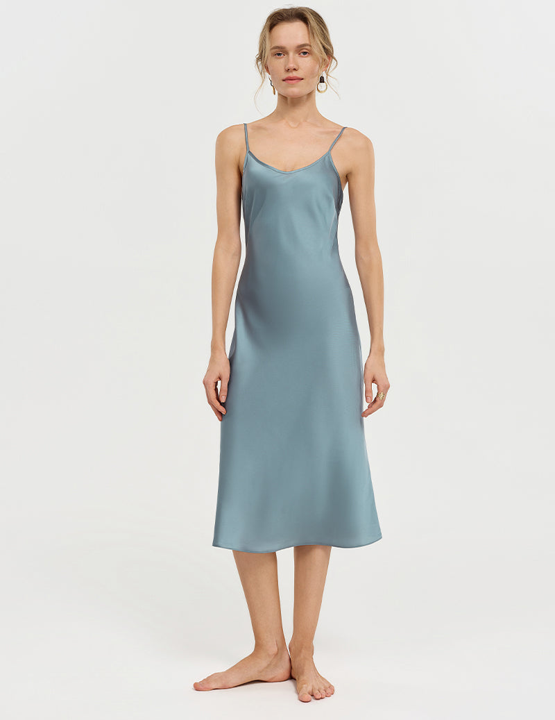 Spaghetti Strap V-Neck Midi Slip Nightgown - Blue Grey
