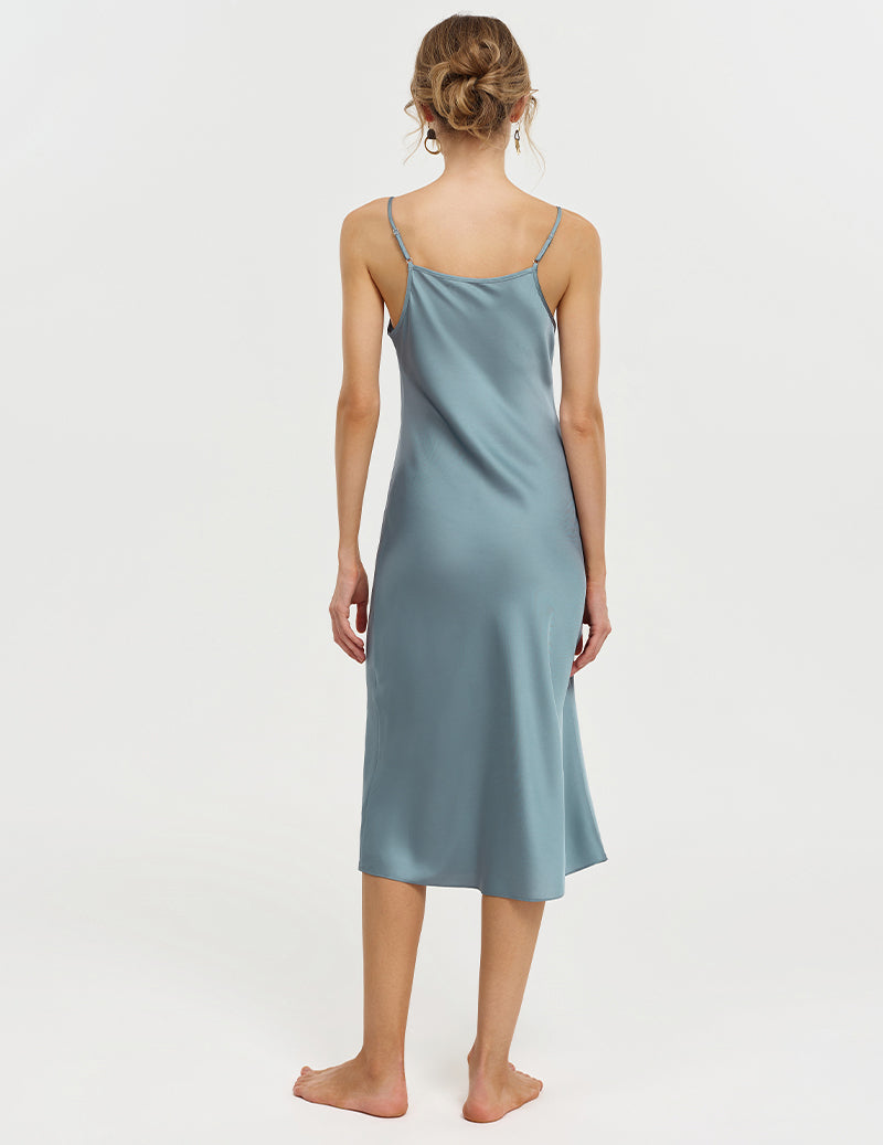 Spaghetti Strap V-Neck Midi Slip Nightgown - Blue Grey