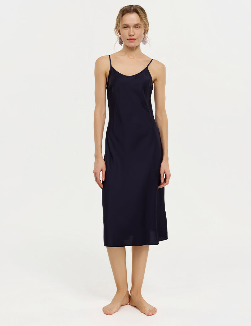 Spaghetti Strap V-Neck Midi Slip Nightgown - Navy