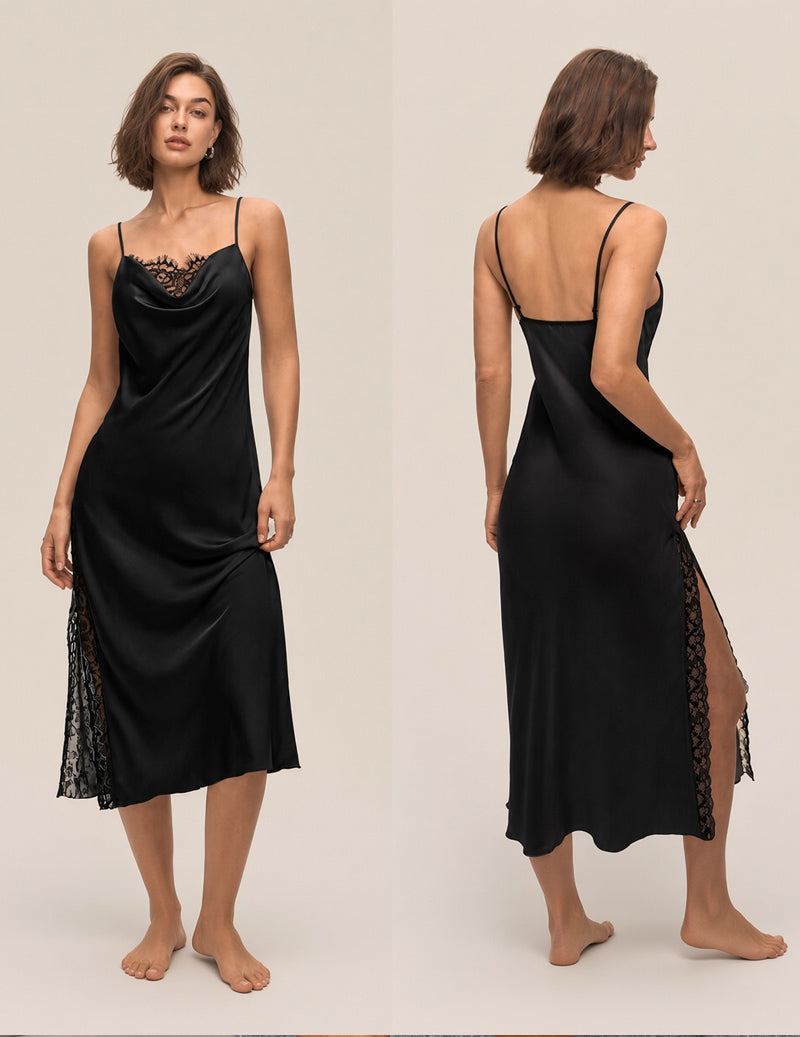 Cowl Neck Lace Trim Satin Slip Nightgown