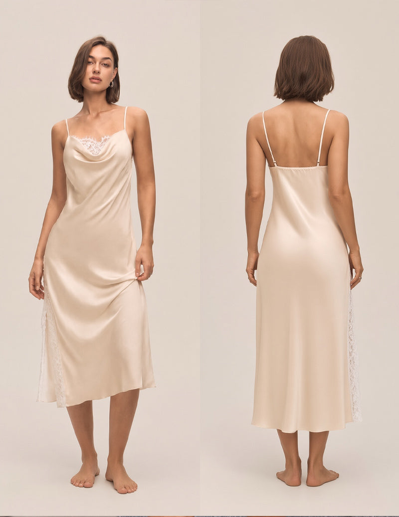 Cowl Neck Lace Trim Satin Slip Nightgown