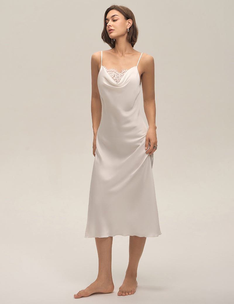 Cowl Neck Lace Trim Satin Slip Nightgown - White