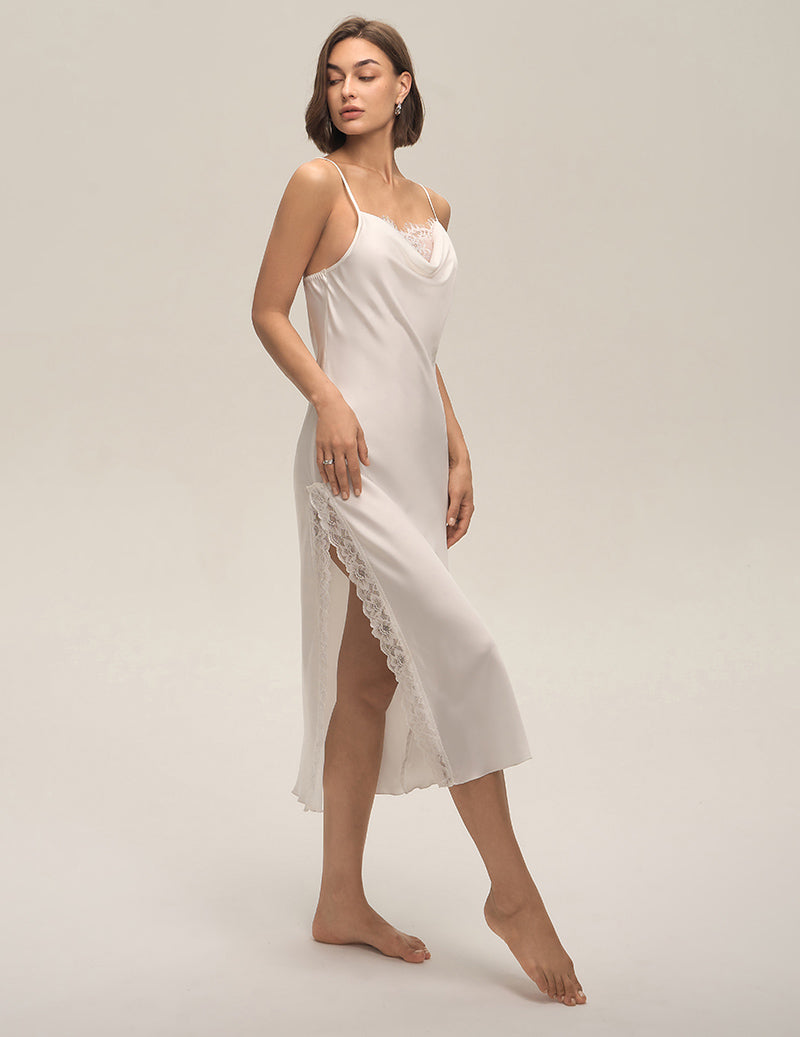 Cowl Neck Lace Trim Satin Slip Nightgown - White