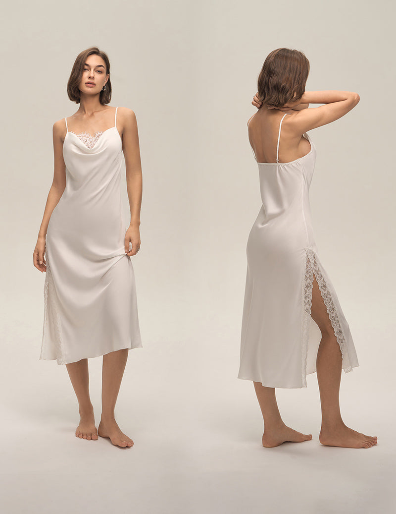 Cowl Neck Lace Trim Satin Slip Nightgown - White