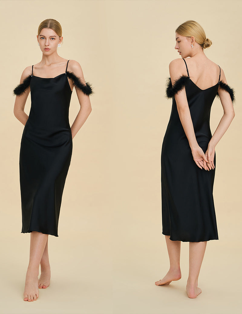Fur Trim Spaghetti Strap Satin Slip Dress - Black