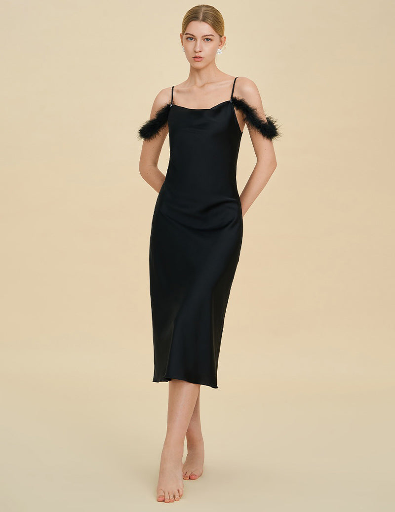 Fur Trim Spaghetti Strap Satin Slip Dress - Black