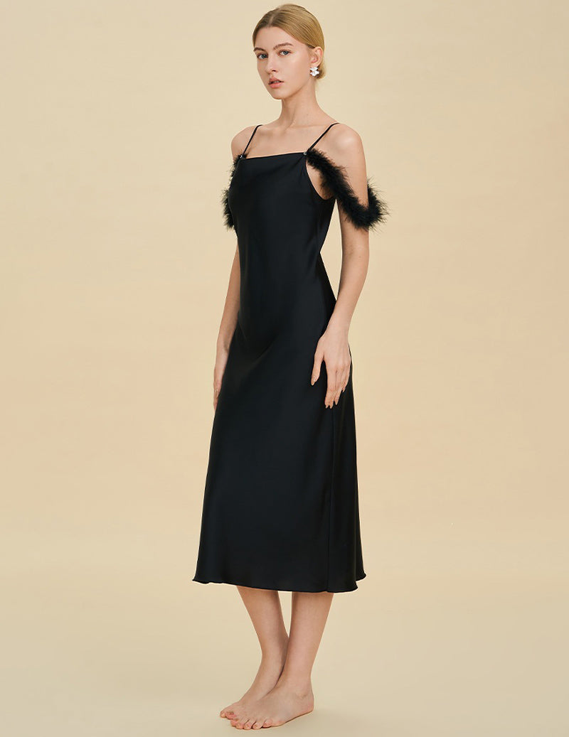 Fur Trim Spaghetti Strap Satin Slip Dress - Black
