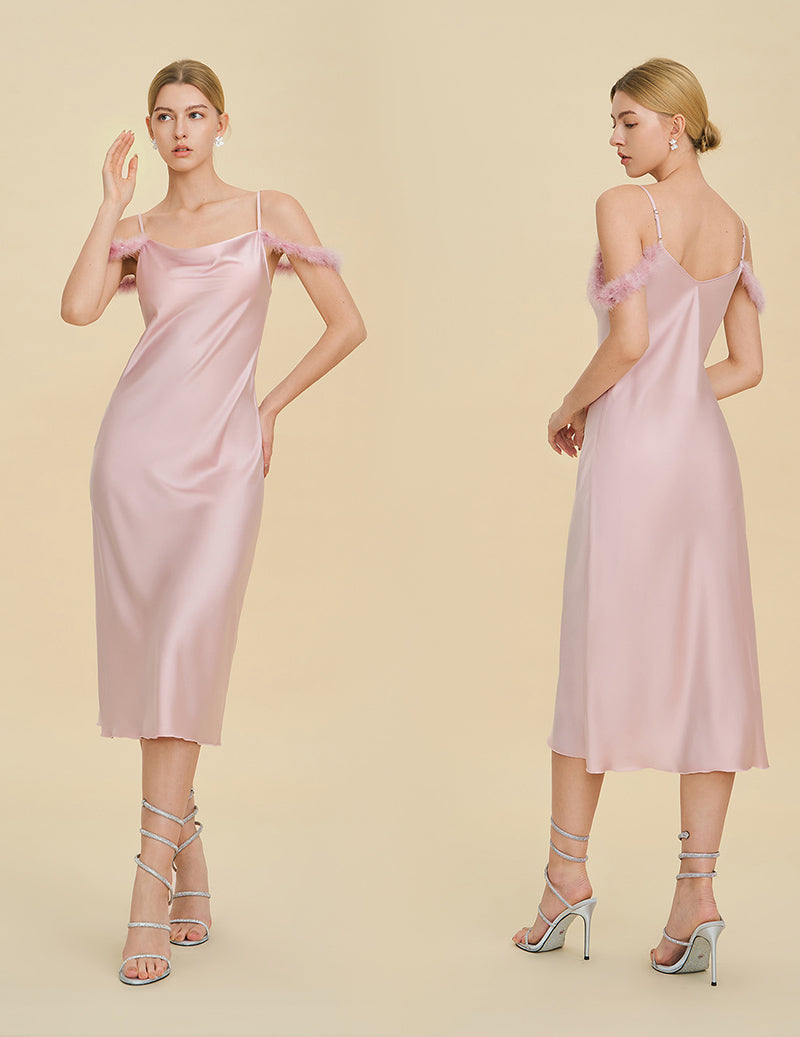 Fur Trim Spaghetti Strap Satin Slip Dress - Peach Pink