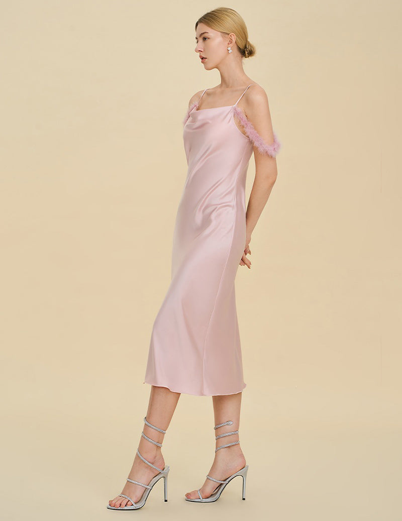 Fur Trim Spaghetti Strap Satin Slip Dress - Peach Pink