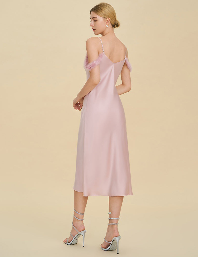 Fur Trim Spaghetti Strap Satin Slip Dress - Peach Pink