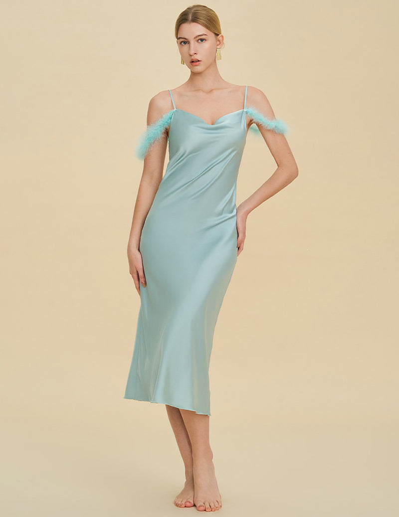 Fur Trim Spaghetti Strap Satin Slip Dress - Aqua Blue