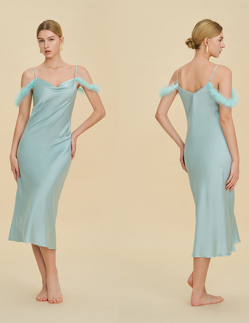 Fur Trim Spaghetti Strap Satin Slip Dress - Aqua Blue