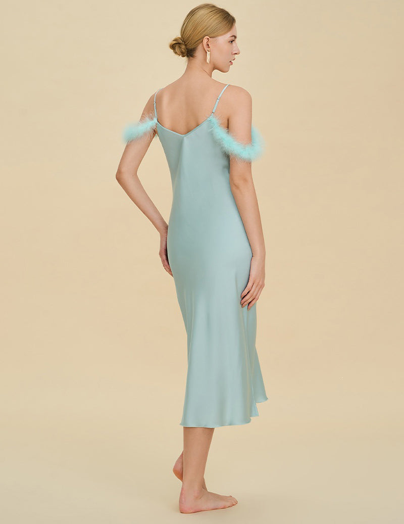 Fur Trim Spaghetti Strap Satin Slip Dress - Aqua Blue
