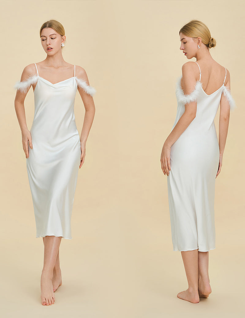 Fur Trim Spaghetti Strap Satin Slip Dress - White